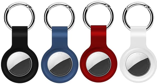 Protective Holder Case Compatible with Air Tags 2021, 4-Pack Black/White/Blue/Red & Waterproof Air Tag Keychain Collar Holder, AirTag Accessories Wallet Key Ring for Dog