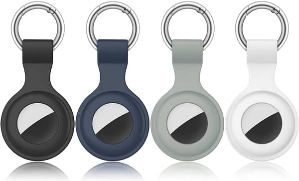 [4 Pack] Airtag Case for Apple AirTags Holder 2021, Keychain AirTags Case with Anti-Lost Key Ring, Soft Silicone Anti-Scratch Lightweight Protective Skin Cover for AirTags Finder Keychain Accessory (Black+White+Grey+Navy Blue)
