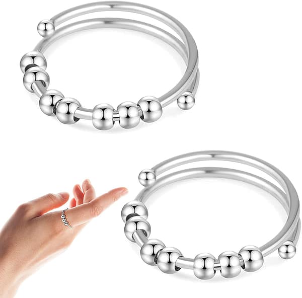 Anxiety Ring for Women Men Stress Anxiety Relief Fidget Ring with 7 Movable Beads | Stainless Steel Anti Rust Fade Resistant Novelty Toy Band Rings for Autism ADHD Adult Kids Teens, 2 Pack