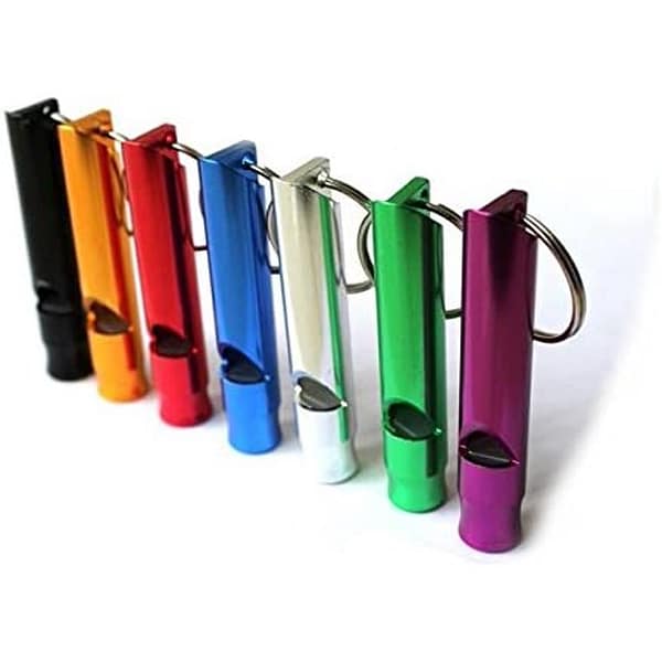 A Set of 7 Extra Loud Whistles for Camping Hiking Hunting Outdoors Sports and Emergency Situations, Sturdy but Light Aluminium Key Chain Signals of Different Colors
