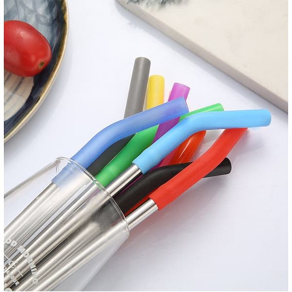 Set of 6 Reusable Metal Straws Stainless Steel Straws with Sherry Silicone Tip Elbows with 1 Cleaning Brushes for 20-30oz Tumblers Dishwasher Safe Eco-Friendly Portable Sherry（6 Colors）