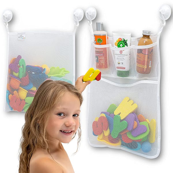 2 Pack Mesh Bath Toy Organizer+Ultra Strong Hooks–The Perfect Bathtub Toy Holder Bathroom or Shower Caddy–Sherry Multi-Use Net Bags Make Baby Bath Toy Storage Easy–for Kids Toddlers（Upgrade+Reinforce）