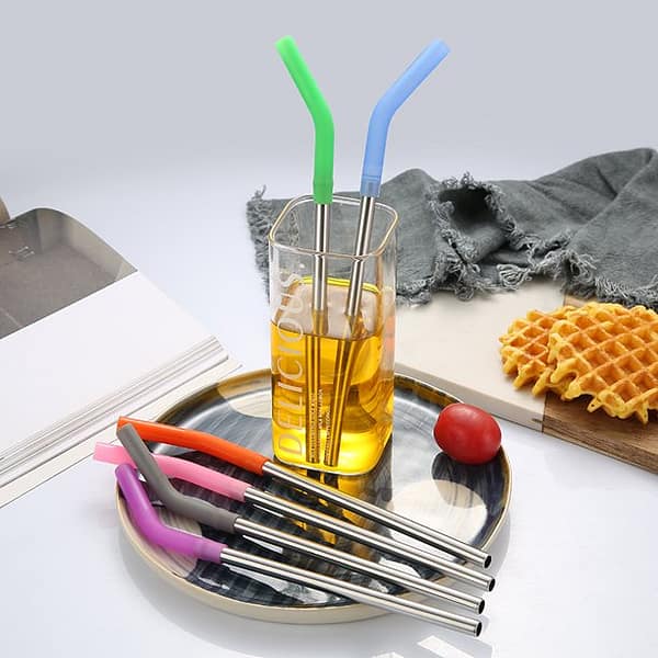 Set of 6 Reusable Metal Straws Stainless Steel Straws with Sherry Silicone Tip Elbows with 1 Cleaning Brushes for 20-30oz Tumblers Dishwasher Safe Eco-Friendly Portable Sherry（6 Colors）