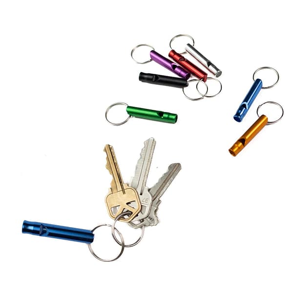 A Set of 7 Extra Loud Whistles for Camping Hiking Hunting Outdoors Sports and Emergency Situations, Sturdy but Light Aluminium Key Chain Signals of Different Colors