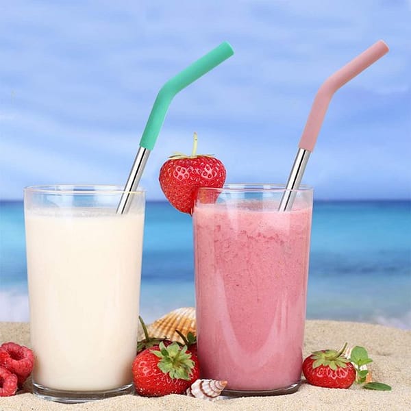 Set of 6 Reusable Metal Straws Stainless Steel Straws with Sherry Silicone Tip Elbows with 1 Cleaning Brushes for 20-30oz Tumblers Dishwasher Safe Eco-Friendly Portable Sherry（6 Colors）