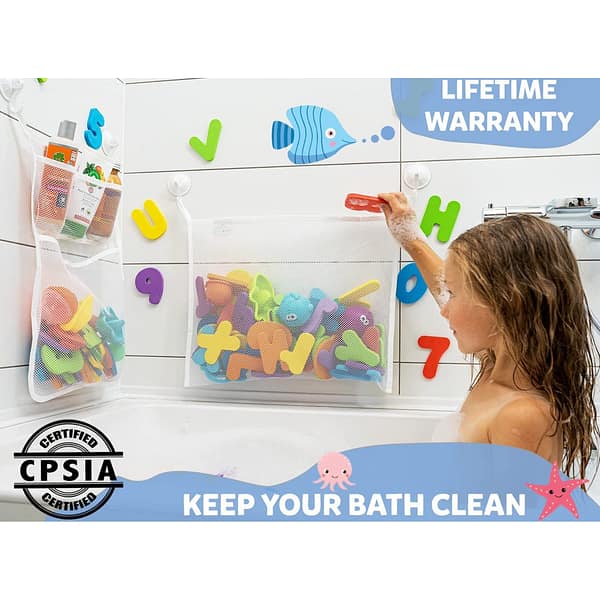 2 Pack Mesh Bath Toy Organizer+Ultra Strong Hooks–The Perfect Bathtub Toy Holder Bathroom or Shower Caddy–Sherry Multi-Use Net Bags Make Baby Bath Toy Storage Easy–for Kids Toddlers（Upgrade+Reinforce）