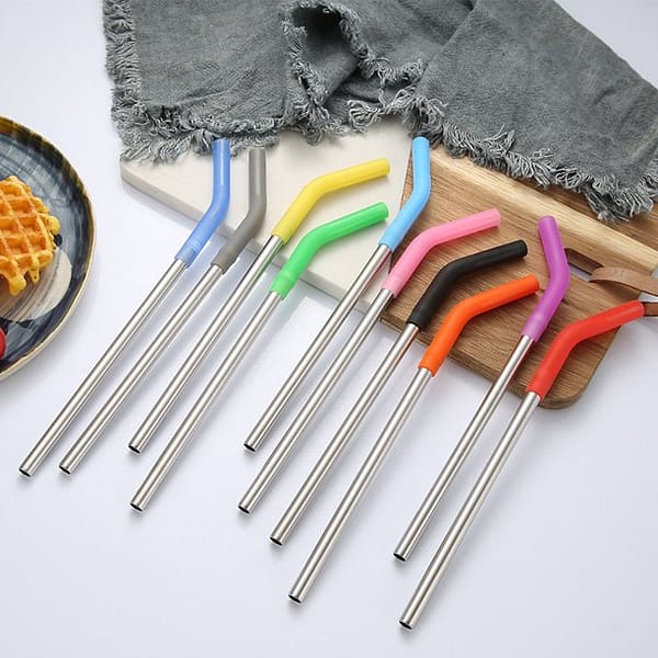 Set of 6 Reusable Metal Straws Stainless Steel Straws with Sherry Silicone Tip Elbows with 1 Cleaning Brushes for 20-30oz Tumblers Dishwasher Safe Eco-Friendly Portable Sherry（6 Colors）
