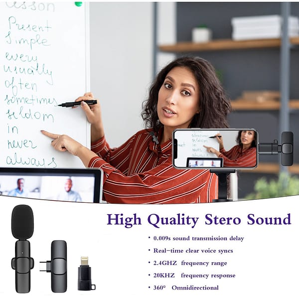 Upgrade Wireless Lavalier Microphone,Dual with 2 Wireless Microphone for Android & iPhone iPad ,Plug-Play Wireless Mic for Video Recording, Live Stream,YouTube, TikTok,Noise Reduction & Auto-Sync