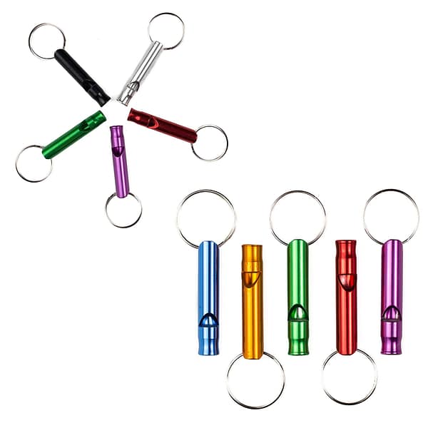 A Set of 7 Extra Loud Whistles for Camping Hiking Hunting Outdoors Sports and Emergency Situations, Sturdy but Light Aluminium Key Chain Signals of Different Colors