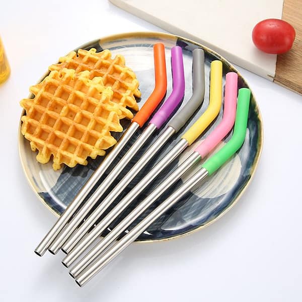 Set of 6 Reusable Metal Straws Stainless Steel Straws with Sherry Silicone Tip Elbows with 1 Cleaning Brushes for 20-30oz Tumblers Dishwasher Safe Eco-Friendly Portable Sherry（6 Colors）