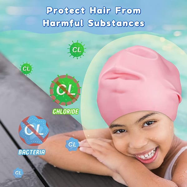 Long Hair Swim Cap for Kids Youth Silicone Waterproof Swimming Cap for Girls Boys 8yr+