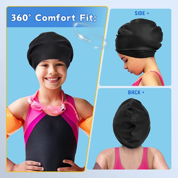 Long Hair Swim Cap for Kids Youth Silicone Waterproof Swimming Cap for Girls Boys 8yr+
