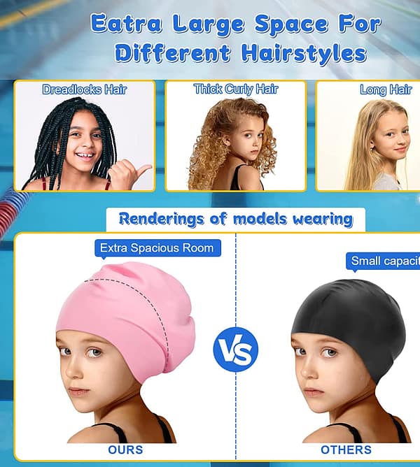 Long Hair Swim Cap for Kids Youth Silicone Waterproof Swimming Cap for Girls Boys 8yr+