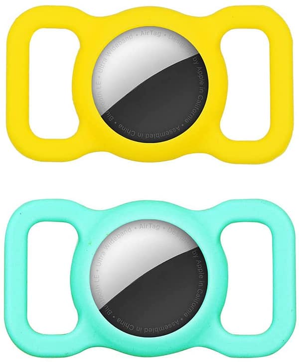 2 Pack Silicone Case Compatible with Airtag Dog Collar Holder, Protective Cover for Pet Strap Band, Slide On Clip Sleeve Compatible with Apple Airtag (Yello & Mint Green)